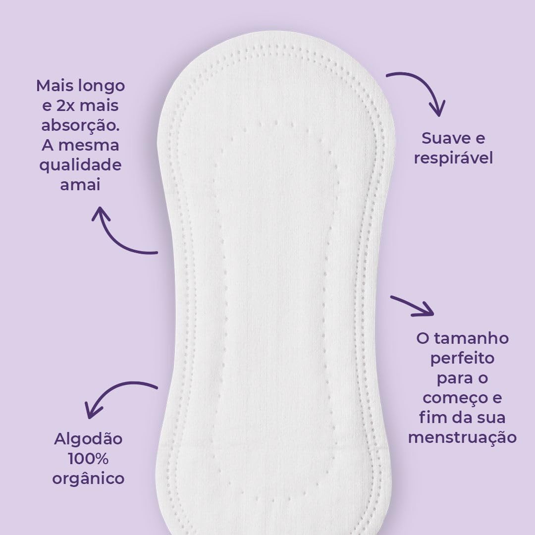 Protetor Diário Max Amai - 100% Algodão - Extra Longo, Hipoalergênico, Absorvente Ultra Confortável, Livre de Químicos e Zero Plástico Comun - 20 unidades - Imagem 2