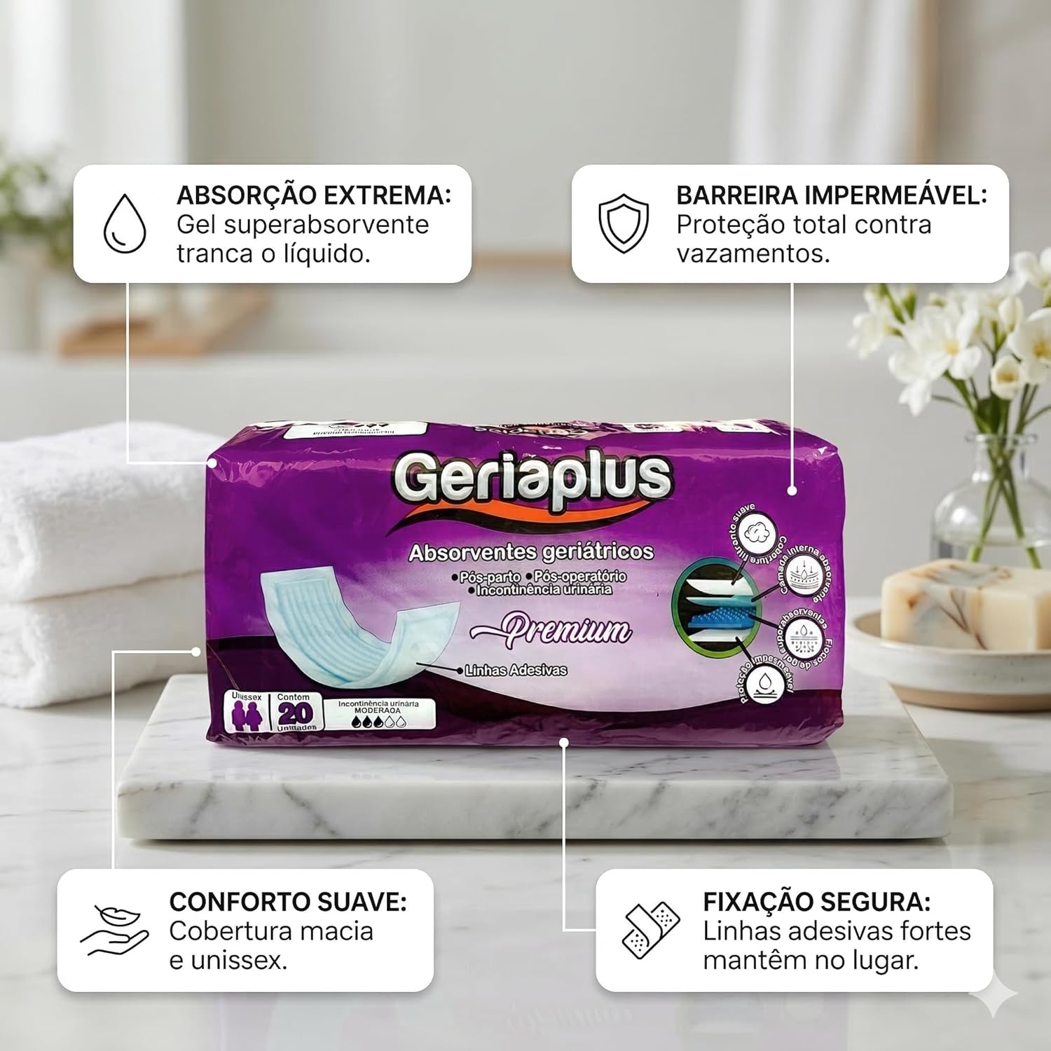 Absorvente Geriátrico Geriaplus Premium Unissex 20 Unid Pós Parto Pós Operatório - Imagem 2