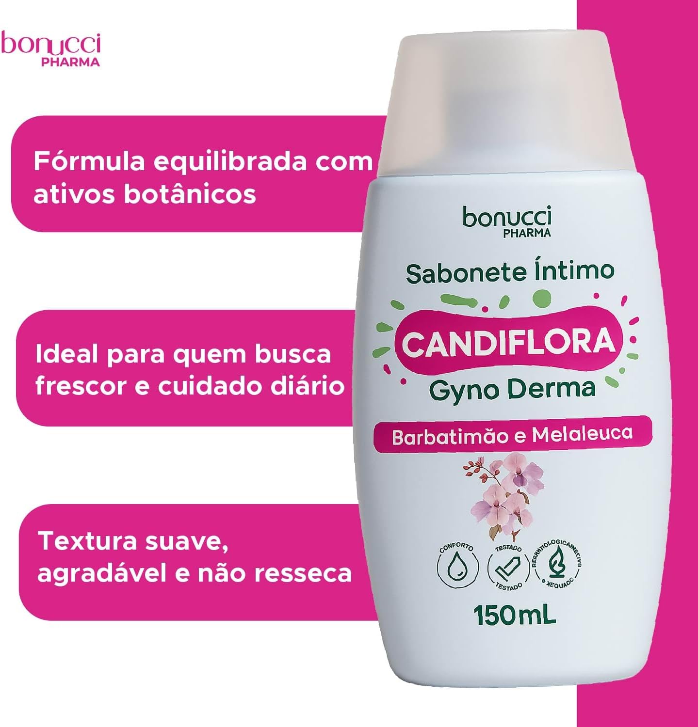 Candiflora Gyno Derma Sabonete Íntimo Feminino 150 ml Com Barbatimão e Melaleuca Higiene Suave e Frescor Diário - Imagem 3