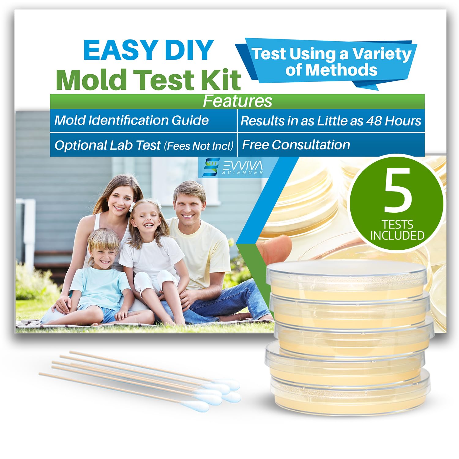 ES EVVIVA SCIENCES kit de teste de molde evviva sciences para casa - 5 testes de detecção simples com análise de laboratório opcional (taxa extra), sistema de teste HVAC, superfícies domésticas